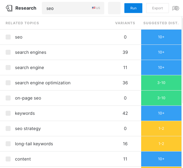 Screenshot of MarketMuse Research showing topics related to the subject 'SEO'.