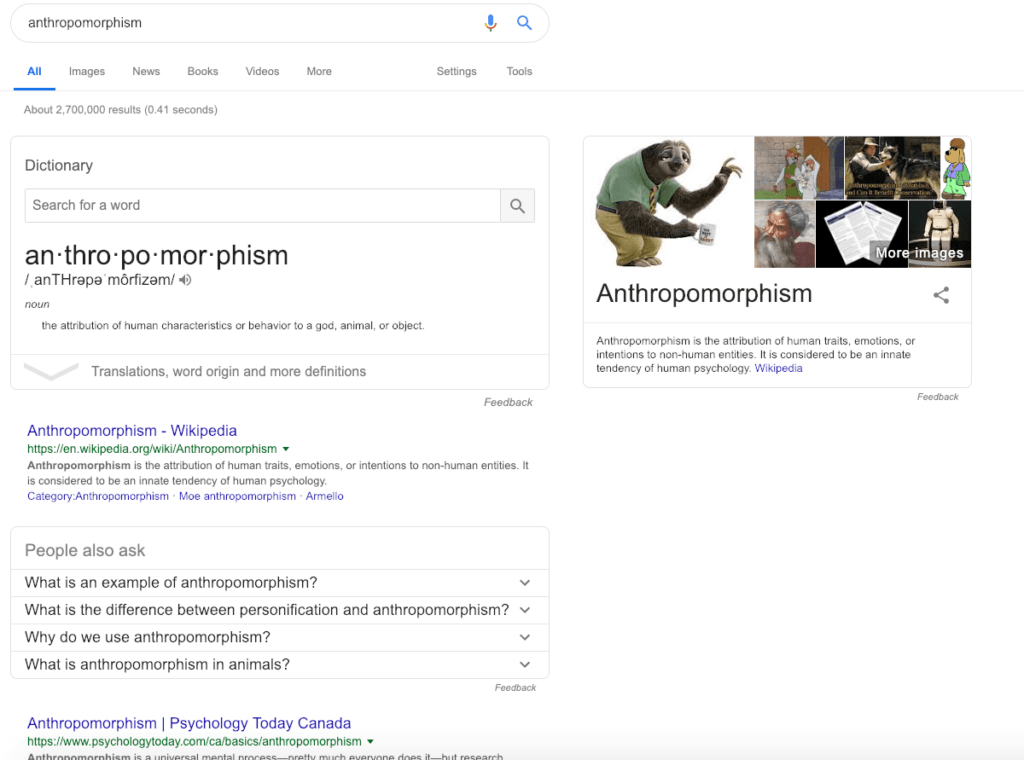 Google search result for anthropomorphism.