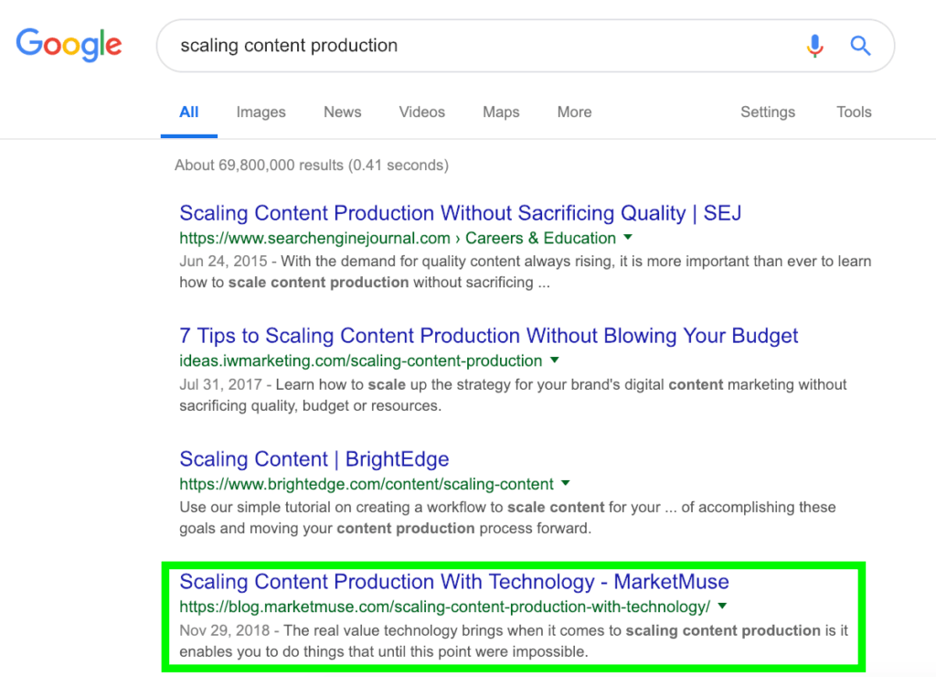 Google SERP for the search term "scaling content production."