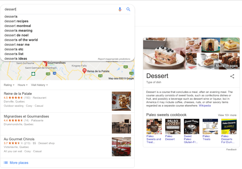Google search result for desserts.