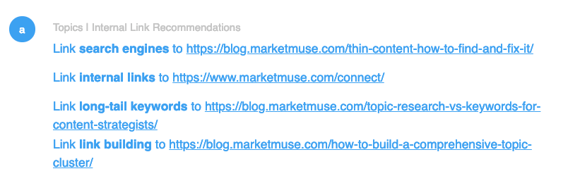 4 internal linking suggestions provided by MarketMuse, including URL and anchor text.