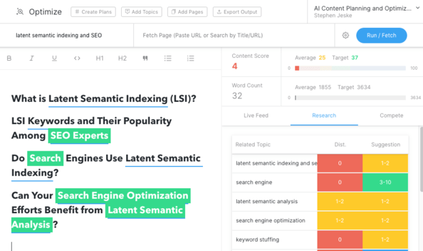 MarketMuse topic model for the topic "latent semantic indexing and SEO".