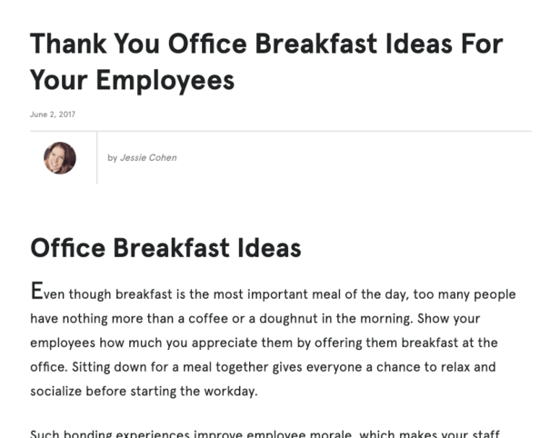Screenshot of the post "Thank you office breakfast ideas for your employees."