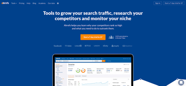 A screenshot of aHrefs home page.