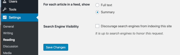 WordPress dashboard showing location of Search Engine Visibility checkbox.