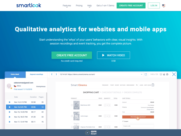 Smartlook home page screenshot.