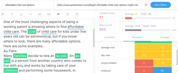 Screenshot of MarketMuse Optimze Application for QuickenLoans blog post.