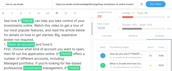 Screenshot of MarketMuse Optimze Application for E*TRADE blog post.