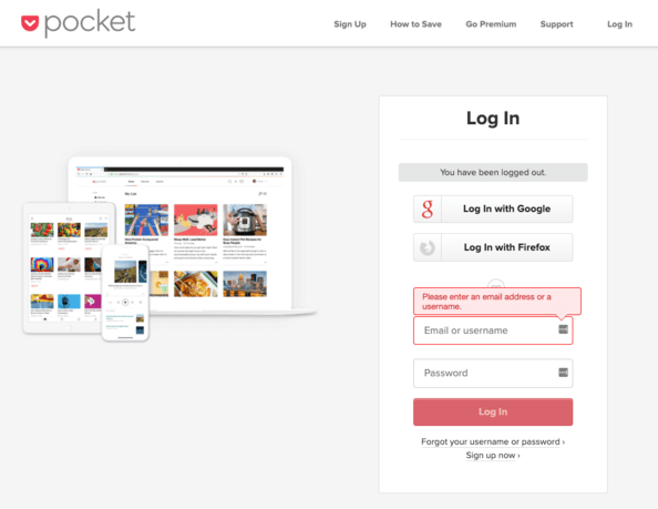 Pocket home page screenshot.