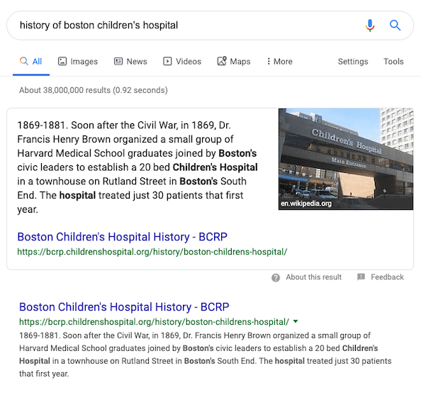 Screenshot showing an example of a featured snippet.