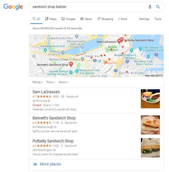 Screenshot of Google SERP for search term "sandwich shop Boston".