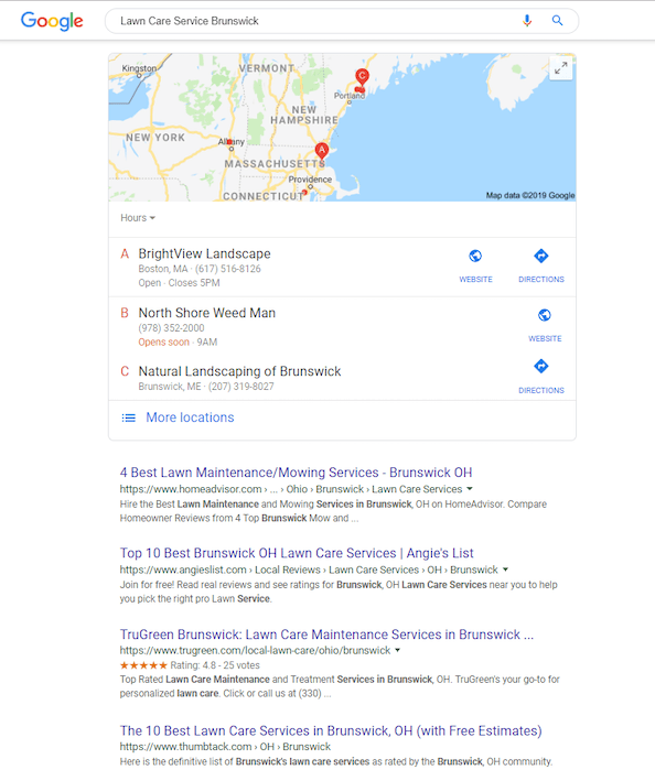 Google SERP for search term "lawn care service Brunswick."
