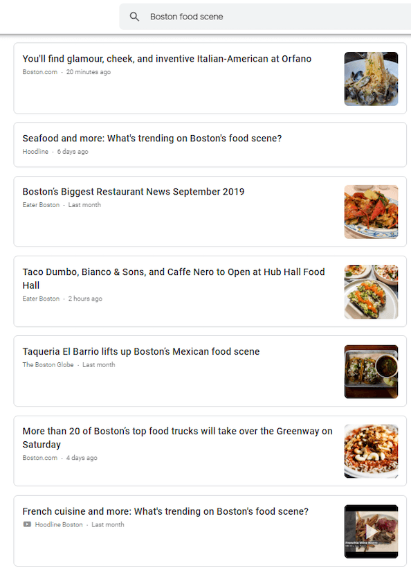 Screenshot of Google News results for search term "Boston food scene".