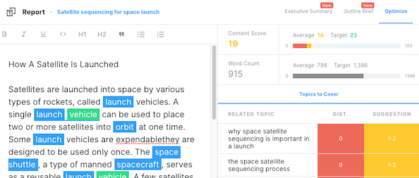 Partial screenshot of MarketMuse Suite Content Brief using Optimize to verify content score.