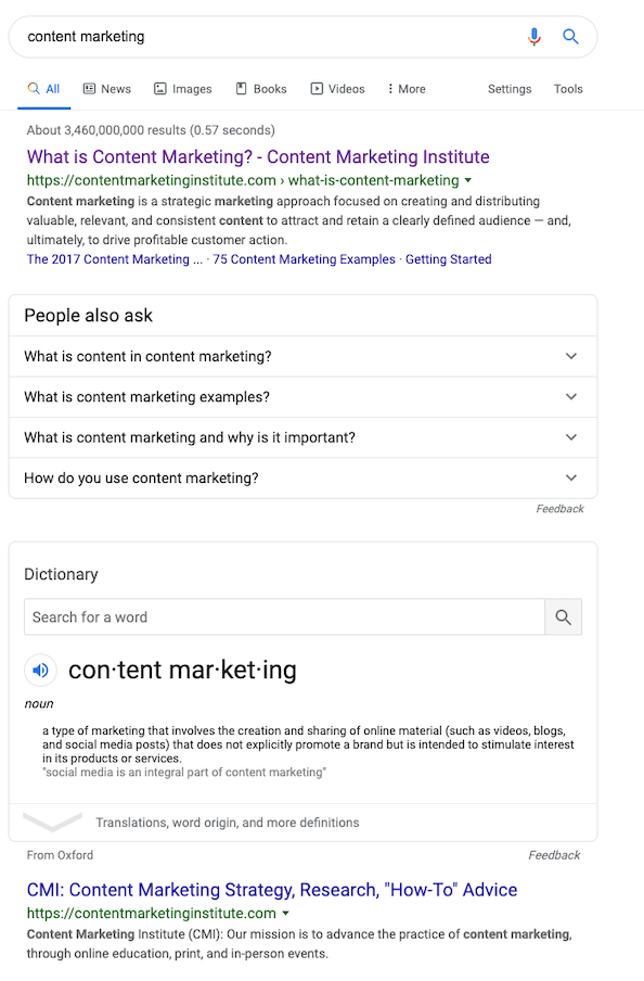 google SERP for search term "content marketing"