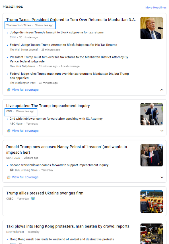 Screenshot of Google News headlines.