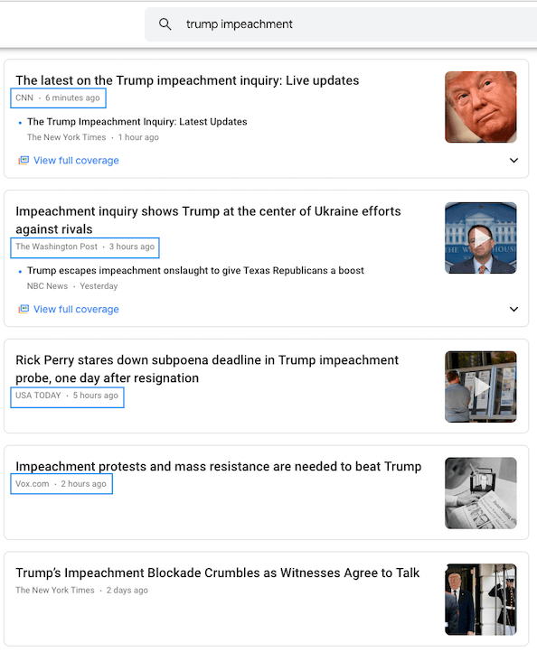Screenshot of Google News search for the query "trump impeachment".