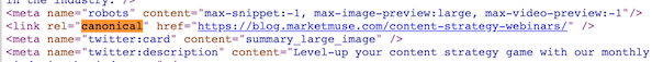 Screenshot of HTML source code showing rel=canonical tag.