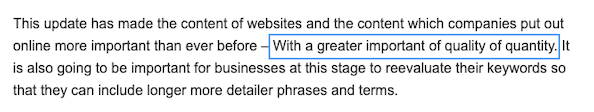 Partial screenshot of press release related to Google BERT, explaining the virtues of quality content while filled with grammatical errors!