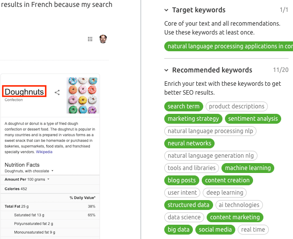 Screenshot showing SEMRush recommended keywords for the term natural language processing applications in content marketing.