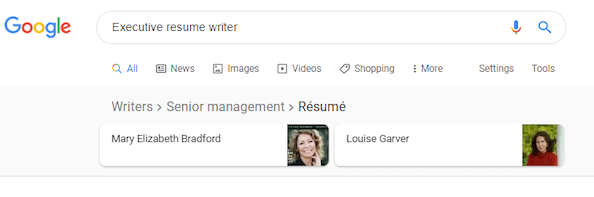 SERP results for "executive resume writer" showing new SERP feature at top of results.