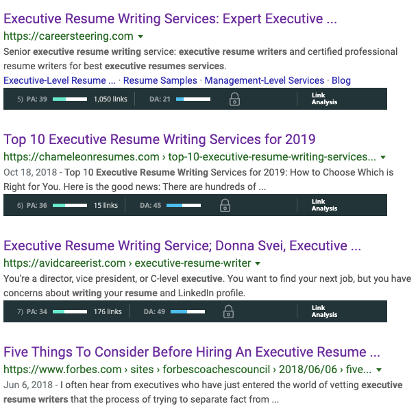 Screenshot if the SERP for "executive resume writer" showing each entries page authority, domain authority, and number of links.
