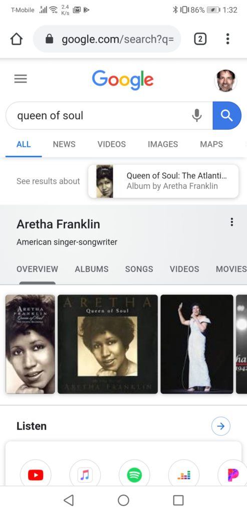Google mobile search result for queen of soul.