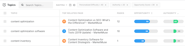 Screenshot of MarketMuse Topic inventory with a filter applied.