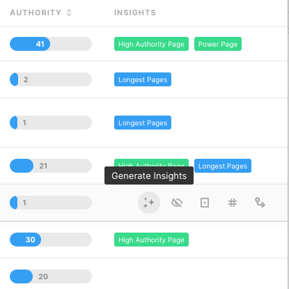 Screenshot of MarketMuse Page Inventory showing close-up of Insights.