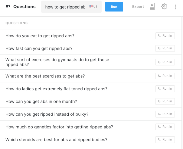 Partial screenshot of MarketMuse Questions application.