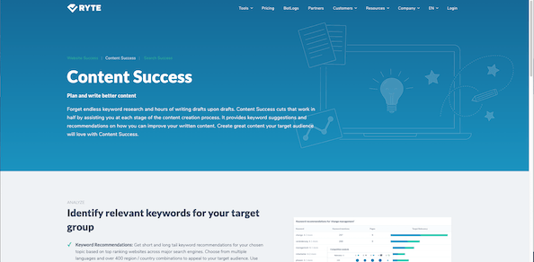 Screenshot of Ryte Content Success product page.