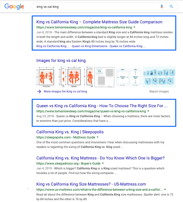 Google search results page for 'king vs cal king'.