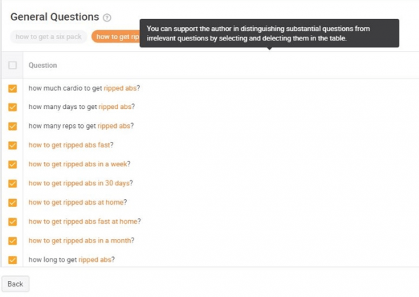 SearchMetrics ContentExperience showing general questions for the term 'how to get ripped abs.'