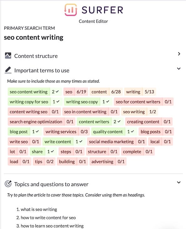 Screenshot of SurferSEO content editor.