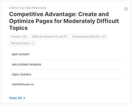 MarketMuse Dashboard Topic Filter showing moderately difficult topics for which there is a competitive advantage.
