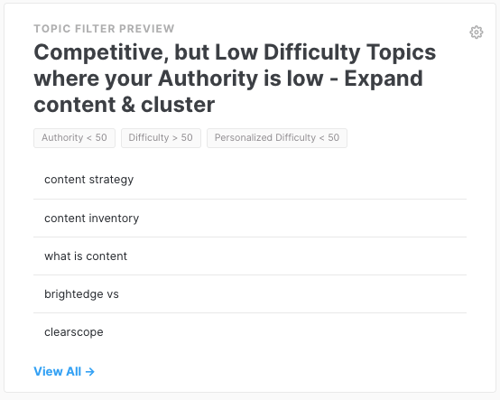 MarketMuse Dashboard Topic Filter showing topics for which you have a competitive advantage although your authority is low.