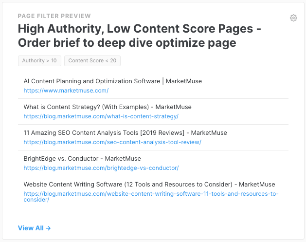 MarketMuse Page Filter preview showing High Authority Low Content Score Pages.