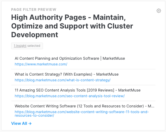 MarketMuse Dashboard Page Filter showing pages with an authority score greater than 20.
