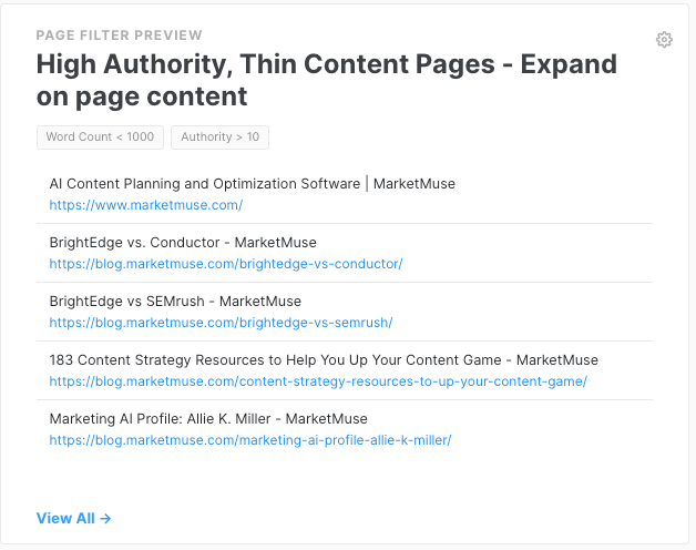 MarketMuse Page filter previews showing pages with word count < 100 and authority > 10.