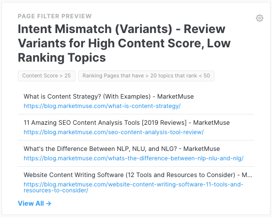 MarketMuse Dashboard Page Filter showing pages with high content score and ranking in the top 5 pages of Google's SERP for over 20 topics.