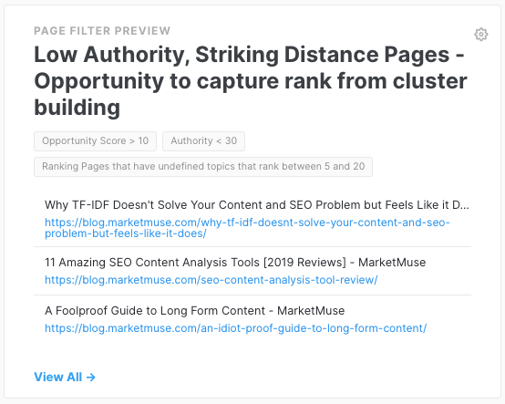MarketMuse Dashboard Page Filter showing pages with low authority and good opportunity that rank between 5 and 20 in the Google SERP.