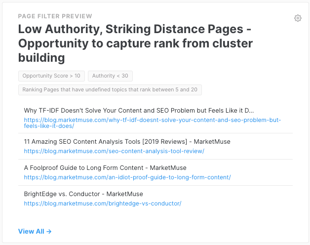 MarketMuse Page Filter preview showing Low Authority Striking Distance Pages.