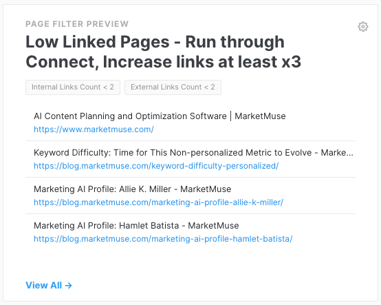 MarketMuse Dashboard Page Filter showing pages with less than 2 internal links and external links.