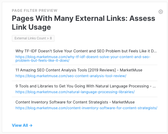 MarketMuse Dashboard Page Filter showing pages with many external links.