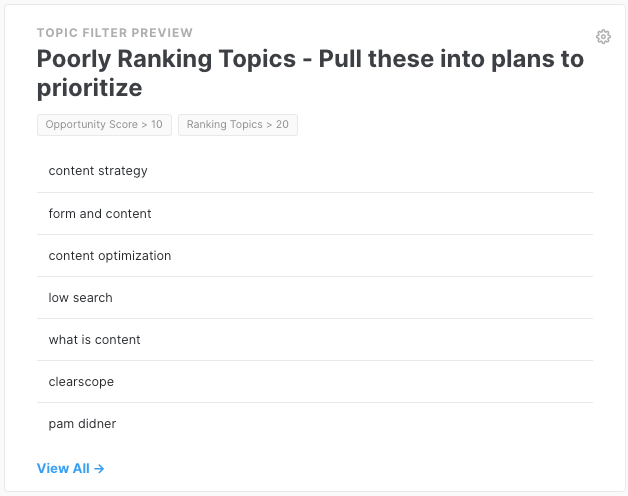 MarketMuse Topic Filter showing topics with Opportunity Score > 10 and ranking topics > 20.