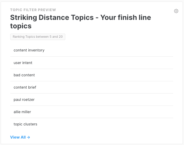MarketMuse topic filter previews showing ranking topics between 5 and 20.