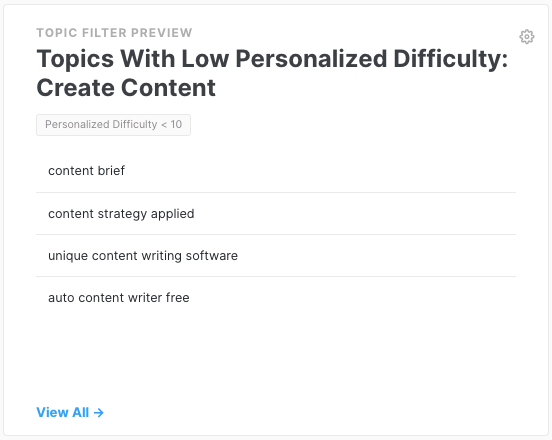 MarketMuse Dashboard Topic Filter showing topics with low Personalized Difficulty.