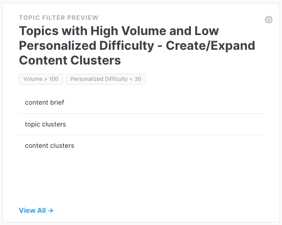 MarketMuse Dashboard Topic Filter showing topics with high volume and low personalized difficulty.
