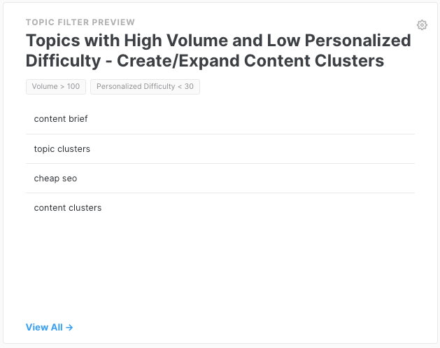 MarketMuse Topic Filter showing topics with high volume (>100) and Low Personalized Difficulty (<30).