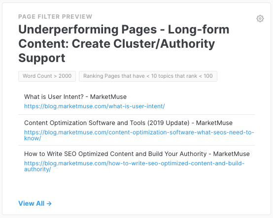 MarketMuse Dashboard Page Filter showing pages with high word count that rank for less than 10 topics in the top 100 of the Google SERPs.